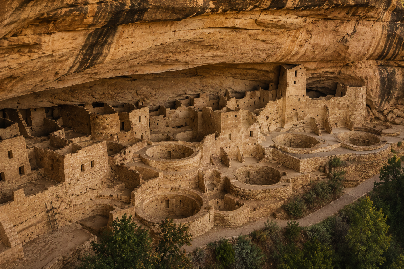 Ancient cliff dwelling in golden light