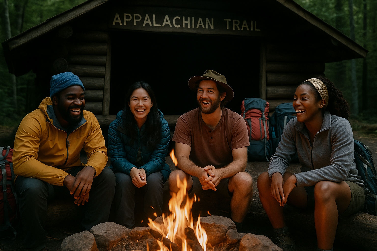 Photo: Laughing group of hikers around a campfire at an AT shelter