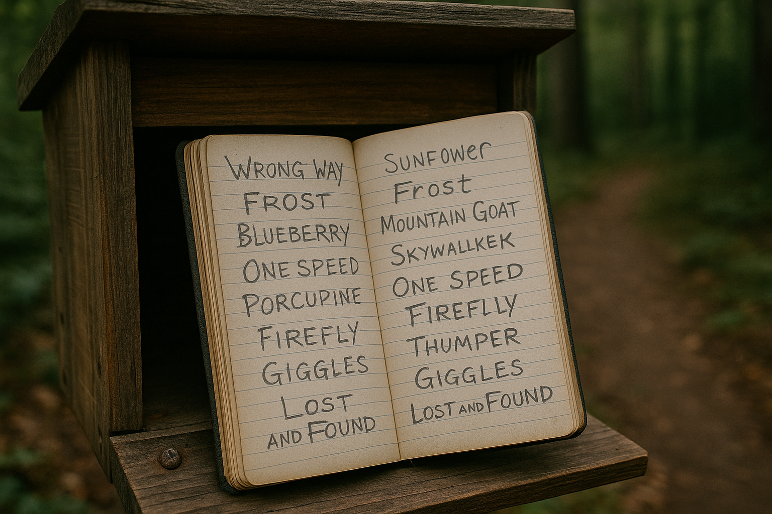 Photo: Trail register or journal showing various trail names and entries