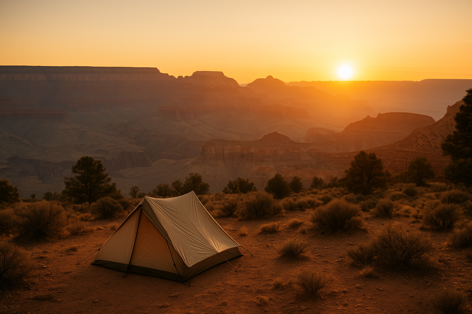 Dispersed camping tent near Grand Canyon with morning light