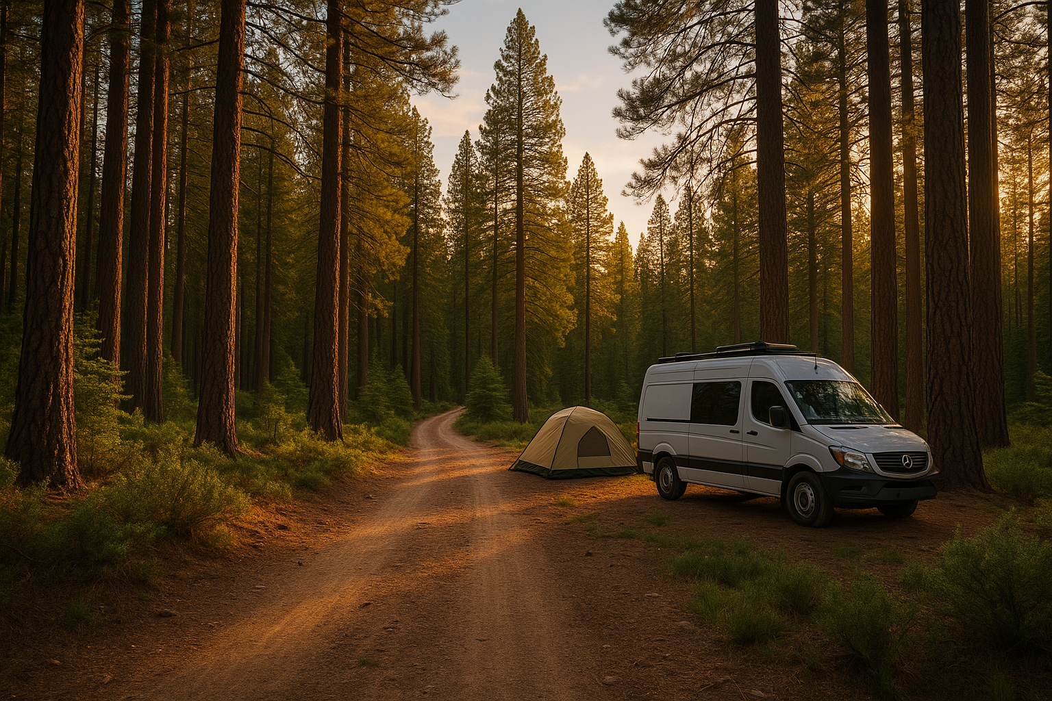 Tent setup on forest road near Yosemite
