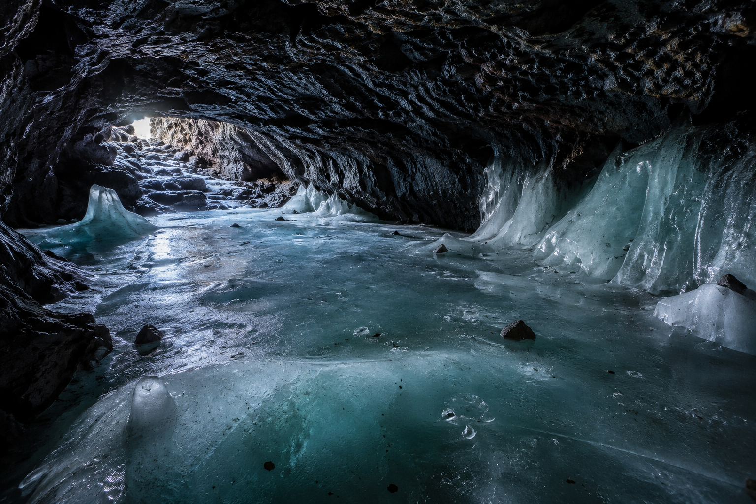 Inside the Bandera Ice Cave, ancient ice formations in a lava tube