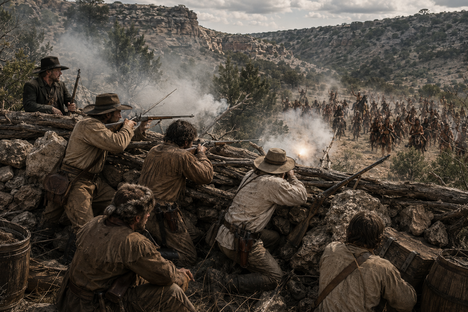 Dramatic frontier Texas battle scene, a small group of men defending a position behind rocks and logs against overwhelming force, gun smoke, limestone hills