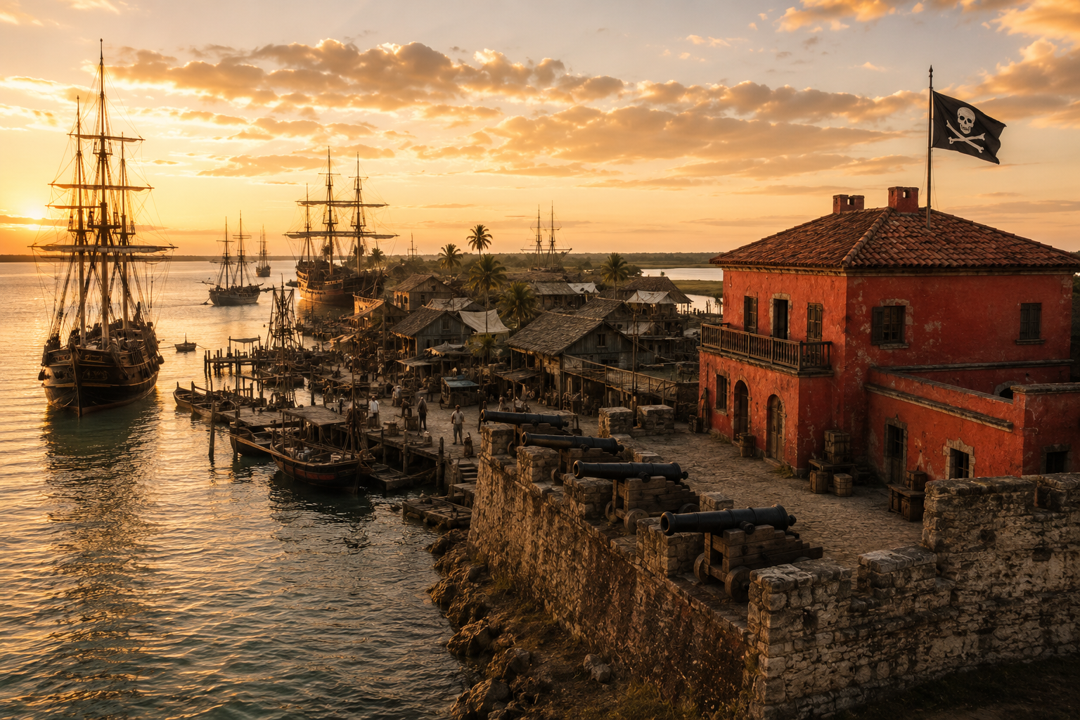 A fortified 1820s pirate harbor settlement on the Texas Gulf Coast, ships at anchor, cannon battery, wild frontier port at golden hour