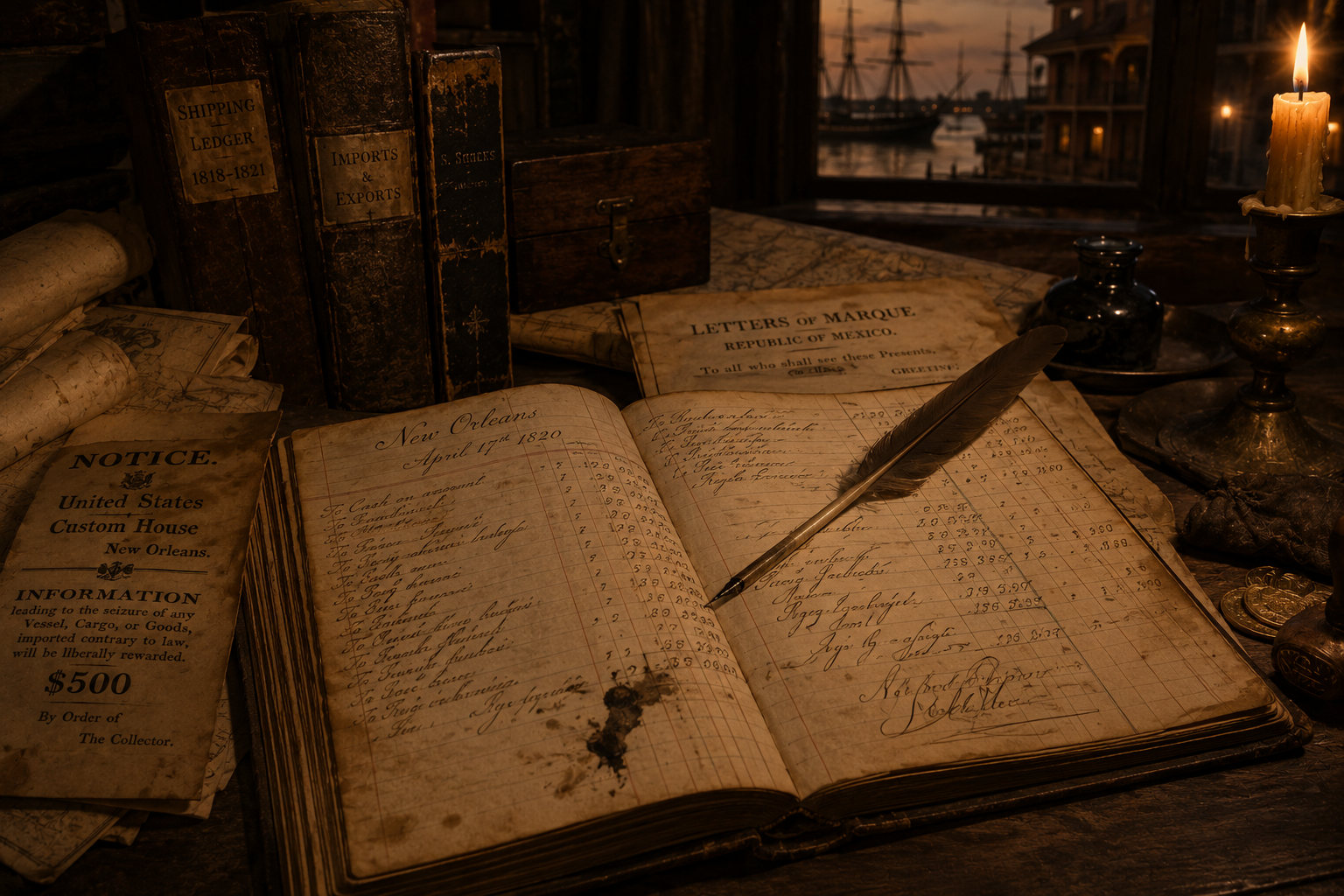 Aged 1820s New Orleans mercantile ledger and documents, candlelight, quill pen, period atmosphere