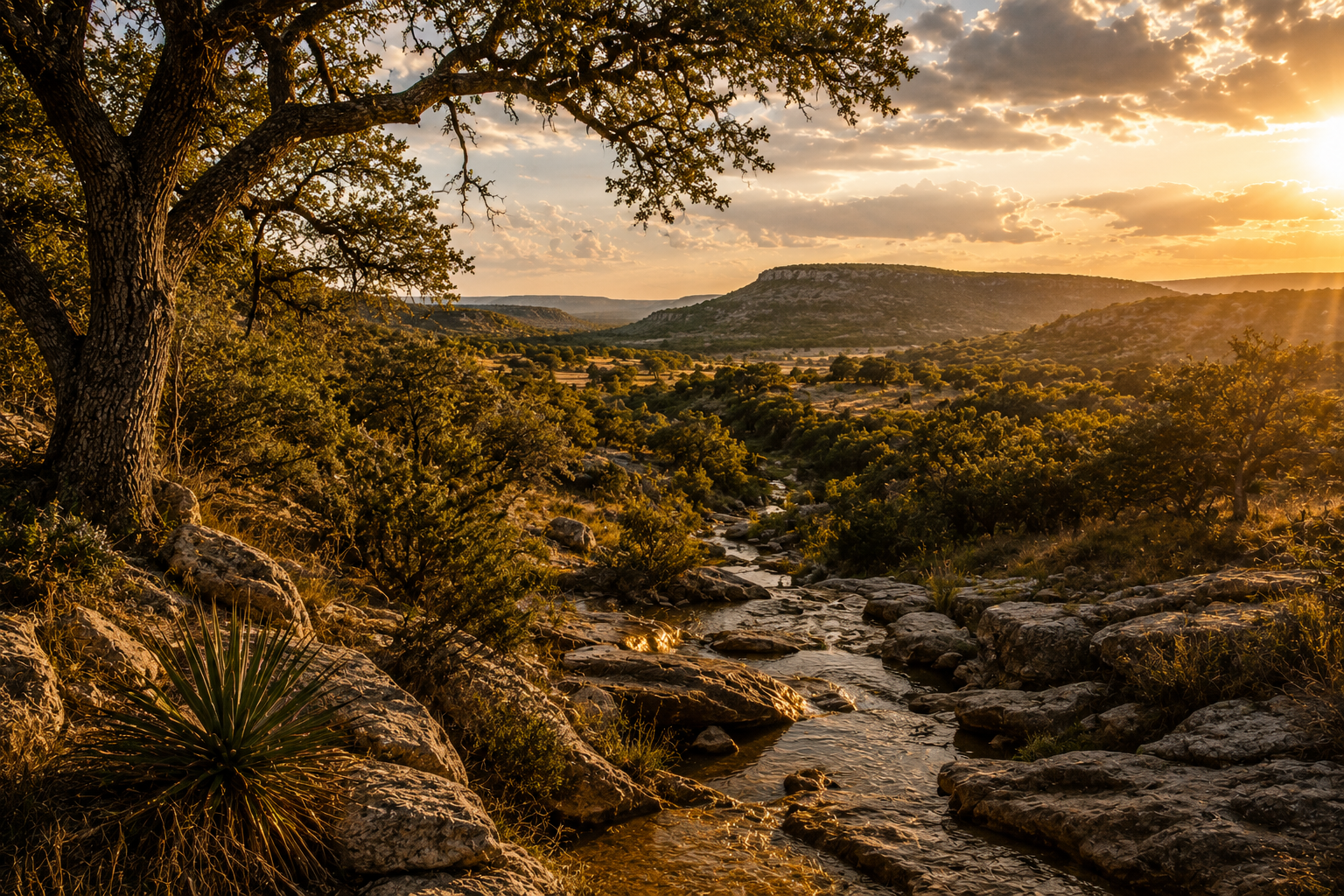 Golden hour light over the Texas Hill Country, cedar and live oak, limestone creek, vast open sky