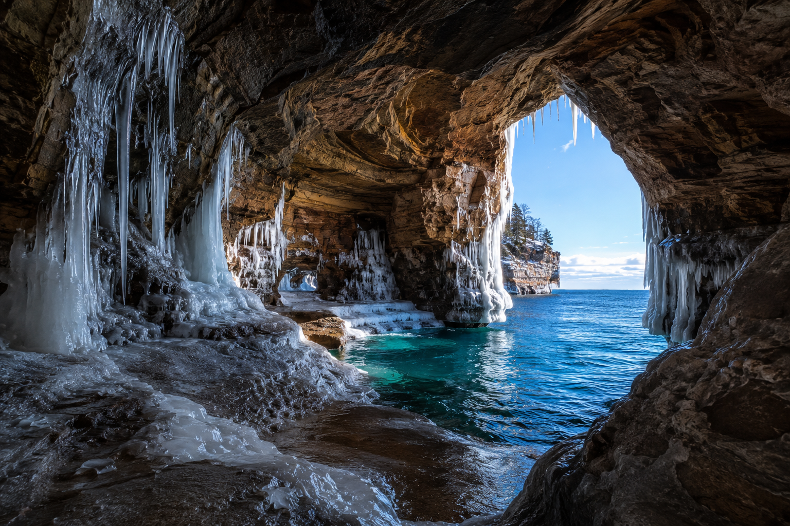 Frozen sea cave with icy formations and blue water
