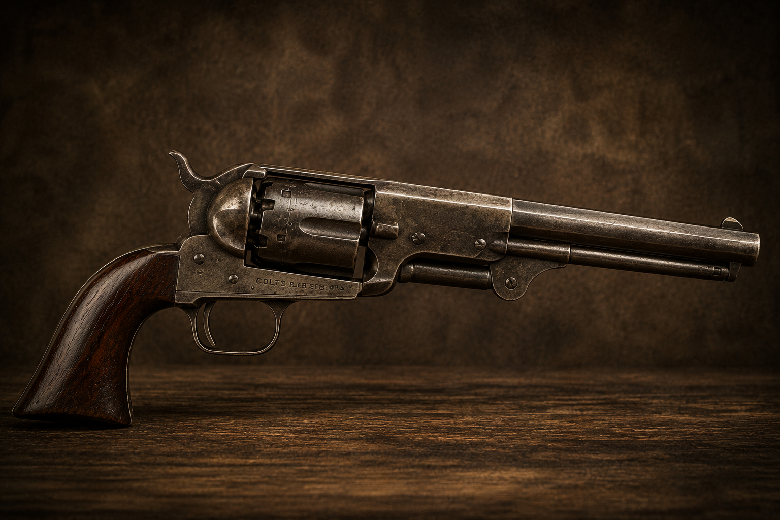 A historic Colt Walker revolver, the most powerful handgun of its era, antique patina, dramatic side-profile view