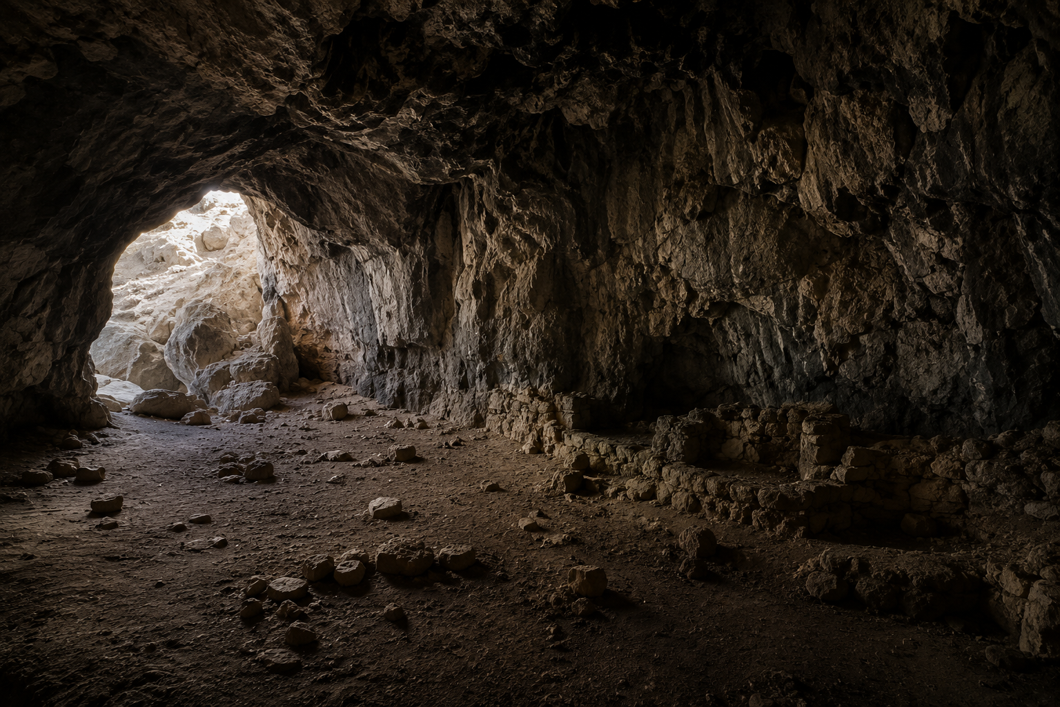 Inside Lovelock Cave, dim natural light, rough rock walls, ancient feeling