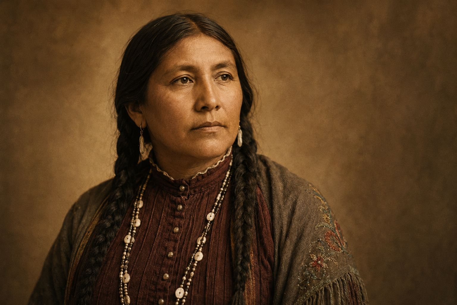 A dignified Paiute woman in 1880s period dress, portrait style, warm tone