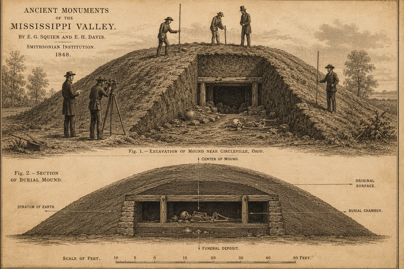 Vintage 1848 engraving style illustration of mound excavation, period surveyors with tools, cross-section diagram of burial mound