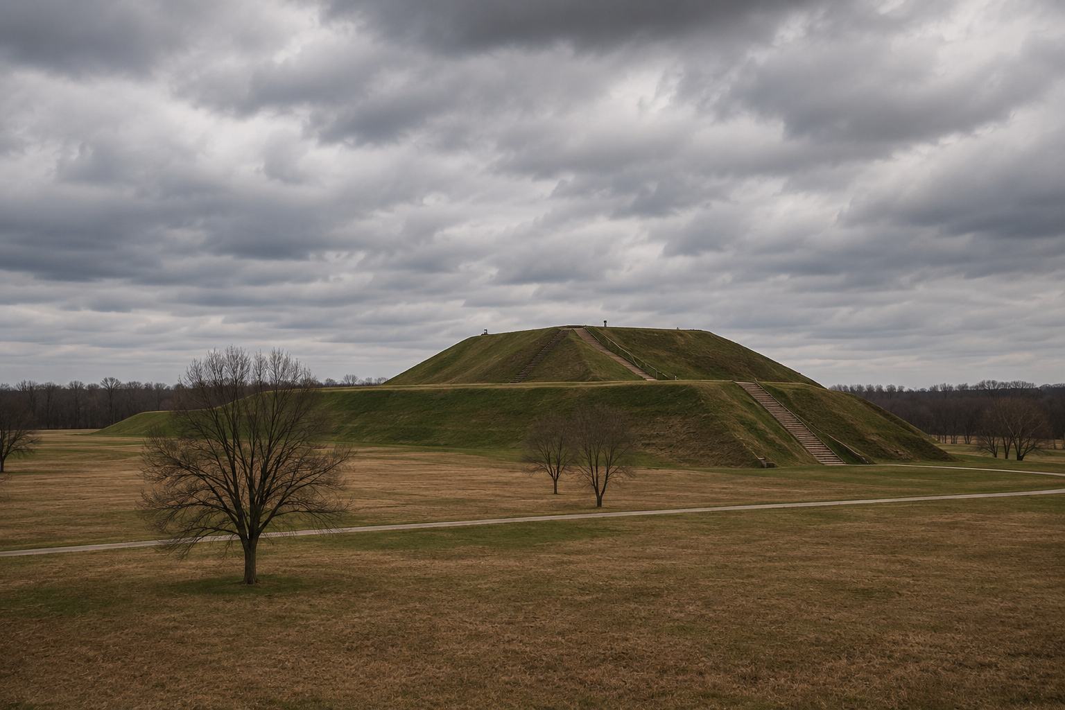 Rolling green Ohio valley with a grass-covered mound rising from the landscape, pastoral and ancient