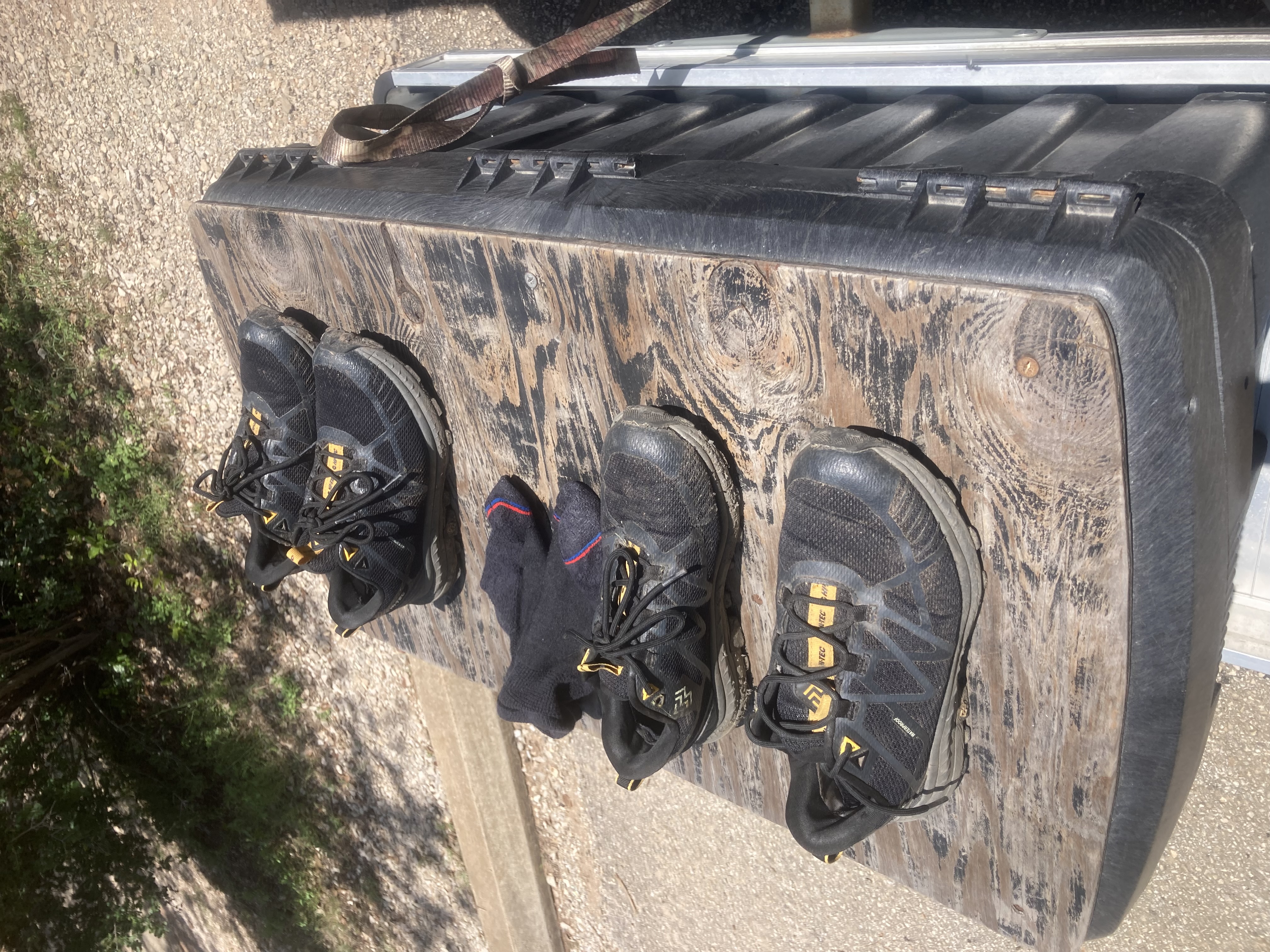 Trail running shoes drying at Pedernales Falls campsite