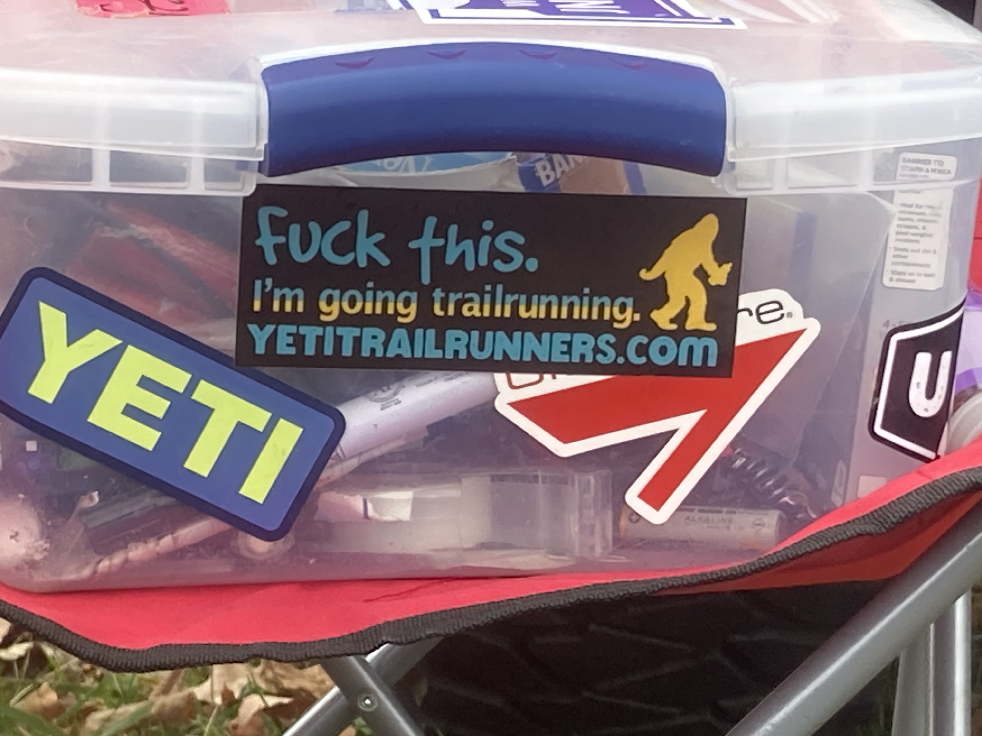 Sticker at a trail race aid station: "Fuck this. I'm going trail running." — Yeti Trail Runners
